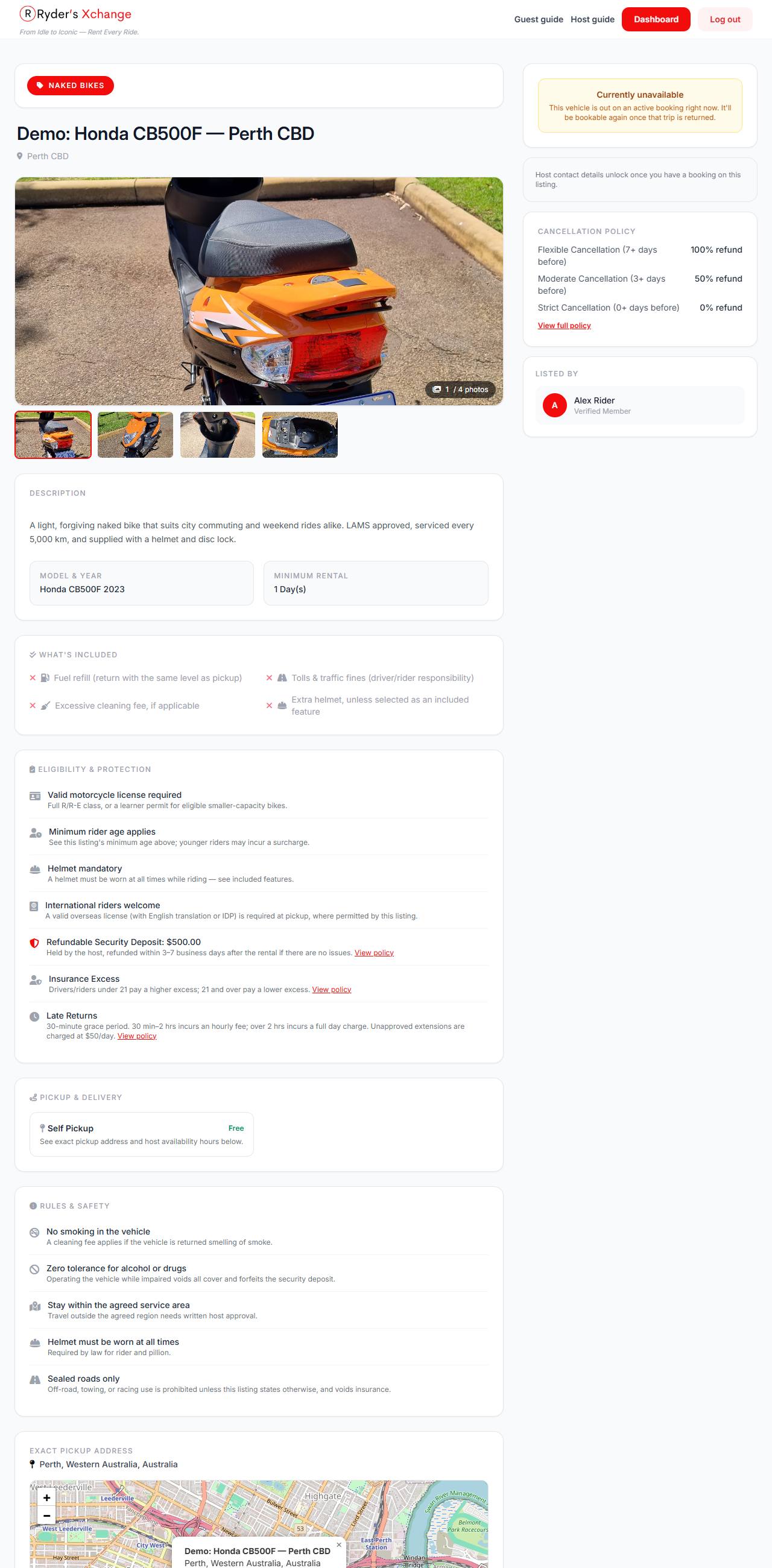 A published vehicle listing as a renter sees it, with gallery, rate and booking panel.
