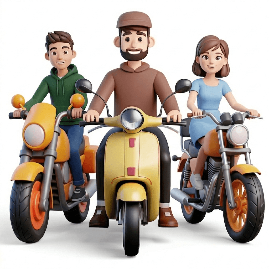 Three riders on motorcycles, a man and woman in front, showcasing an eco-friendly urban transportation option.